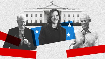 Deux anciens présidents démocrates, Bill Clinton et Barack Obama, participent de manière active à la campagne de Kamala Harris pour l'élection présidentielle américaine de 2024. (HELOISE KROB / FRANCEINFO)