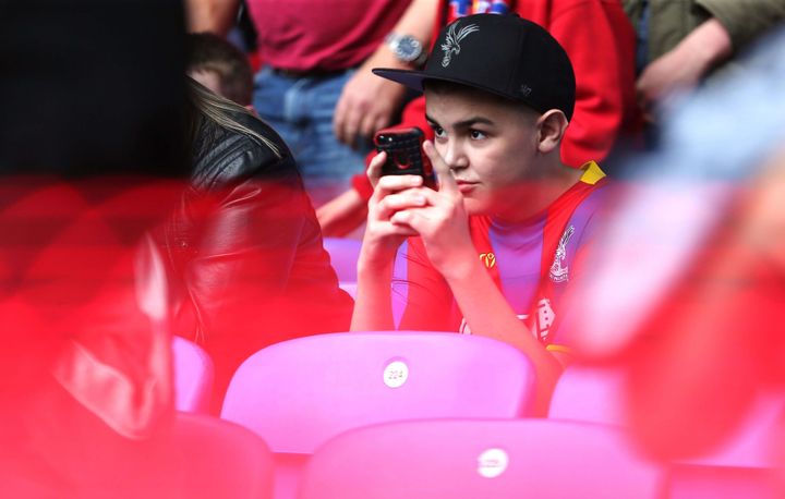 Un supporter de Crystal Palace tient son portable lors du match de son équipe face à Brighton &amp; Hove Albion, le 14 août 2018. (MICHAEL ZEMANEK / BPI / SHU / SIPA / REX)