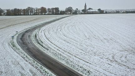 Des champs enneigés à Thaon, dans le Calvados, le 21 novembre 2024. (LOU BENOIST / AFP)