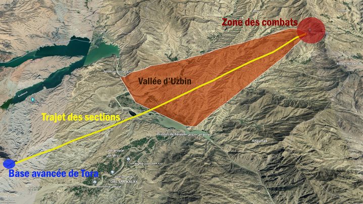 Carte du trajet des sections Rouge 4 et Carmin 2 le jour de l’embuscade d’Uzbin, le 18 août 200 (GOOGLE EARTH)