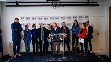 Des députées de l'intergroupe de la Nupes, lors d'une conférence de presse, le 8 mars 2023. (AMAURY CORNU / HANS LUCAS / AFP)