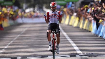 Le Belge Thomas De Gendt (Lotto-Soudal) à l'arrivée de la 8e étape du Tour de France à Saint-Etienne (Loire), le 13 juillet 2019. (MARCO BERTORELLO / AFP)