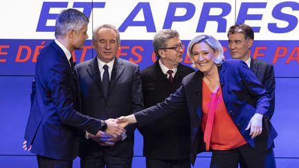 Laurent Wauquiez (LR), François Bayrou (MoDem), Jean-Luc Mélenchon (LFI), Marine Le Pen (RN) et Olivier Faure (PS), le 20 mars 2019, à Paris. (KENZO TRIBOUILLARD / AFP)