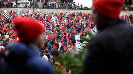 Des manifestants, &agrave; Quimper, arborent un bonnet rouge, le 2 novembre 2013. (JEAN-SEBASTIEN EVRARD / AFP)