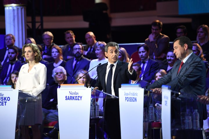 Nathalie Kosciusko-Morizet, Nicolas Sarkozy et Jean-Frédéric Poisson, le 3 novembre 2016 à Paris, lors du deuxième débat de la primaire à droite. (ERIC FEFERBERG / AFP)