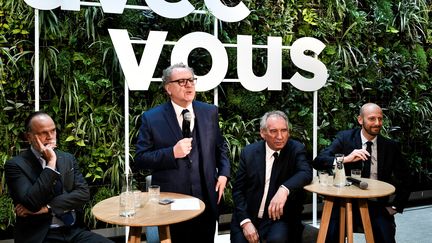 Edouard Philippe, Richard Ferrand, François Bayrou et Stanislas Guerini lors du lancement de Ensemble !, le 5 mai 2022 à Paris. (STEPHANE DE SAKUTIN / AFP)