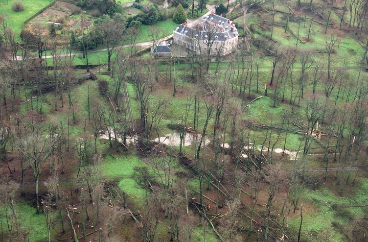 Une vue aérienne du parc du château de Versailles, le 28 décembre 1999, après le passage de la tempête "Lothar". (FRANCOIS GUILLOT / AFP)