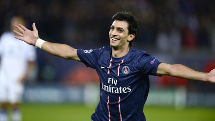 Le Parisien Javier Pastore exulte apr&egrave;s son but contre le Dynamo Kiev, le 18 septembre au Parc des Princes. (FRED DUFOUR / AFP)