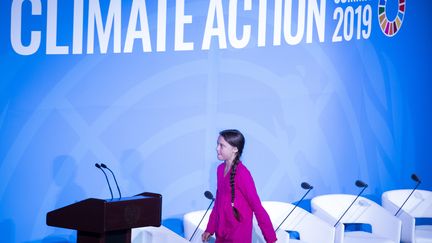 Greta Thunberg,&nbsp;militante suédoise pour la lutte contre le réchauffement climatique au Sommet sur le climat aux Nations Unies, à New York le 23 septembre 2019. (JOHANNES EISELE / AFP)