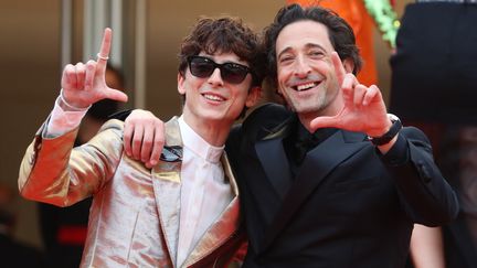 Timothée Chalamet et Adrian Brody posent sur les marches de Cannes, le 12 juillet 2021 (VALERY HACHE / AFP)