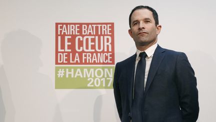 Le candidat socialiste à l'élection présidentielle, Benoît Hamon, lors d'une conférence de presse officialisant son accord avec l'écologiste Yannick Jadot, le 26 février 2017 à Paris. (GEOFFROY VAN DER HASSELT / AFP)