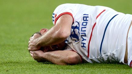 Le d&eacute;fenseur lyonnais Dejan Lovren se tient la t&ecirc;te apr&egrave;s que l'attaquant parisien Zlatan Ibrahimovic lui a march&eacute; dessus, le 16 d&eacute;cembre 2012. (FRANCK FIFE / AFP)