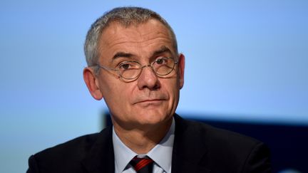 Thierry Mallet, PDG du groupe Transdev, lors d'une conférence à Paris, le 1er octobre 2018. (ERIC PIERMONT / AFP)