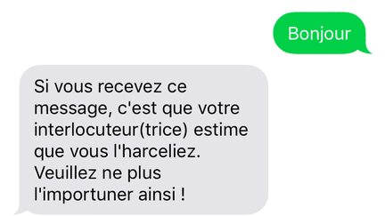 Le message que reçoit la personne qui a tenté de contacter une personne se sentant harcelée.&nbsp; (FRANCEINFO)