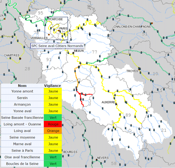 Les niveaux d'alerte crues en Seine moyenne-Yonne-Loing. (Vigicrues)