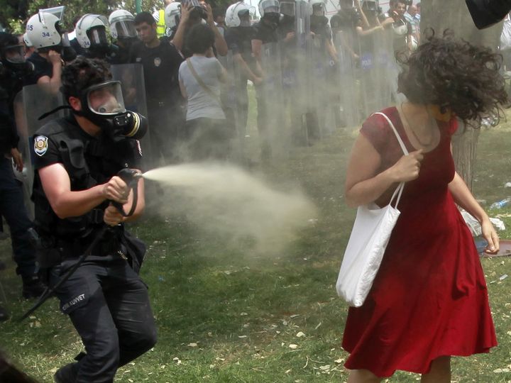 Un policier turc asperge la "femme en rouge" de gaz lacrymog&egrave;ne, &agrave; Istanbul, le 28 mai 2013. (OSMAN ORSAL / REUTERS)