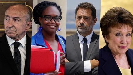 Gérard Collomb, Sibeth Ndiaye, Christophe Castaner et Roselyne Bachelot ont tous repris une activité après avoir été membre d'un gouvernement sous Emmanuel Macron. (JEFF PACHOUD / GONZALO FUENTES / LUDOVIC MARIN / SAMEER AL-DOUMY / AFP)