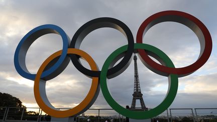 Les anneaux olympiques sur l'esplanade du Trocadéro (illustration). (LUDOVIC MARIN / AFP)