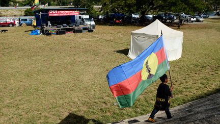 Un garçon avec un drapeau pro-indépendance, à Nouméa, en Nouvelle-Calédonie, le&nbsp;30 octobre&nbsp;2018. (THEO ROUBY / AFP)