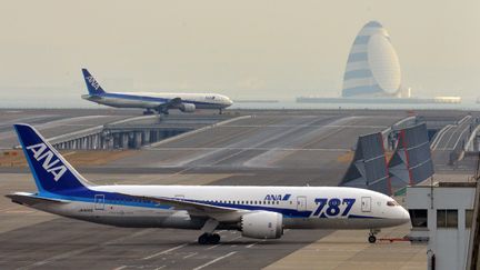 Un Boeing 787 de la compagnie japonaise&nbsp;All Nippon Airways (ANA), sur le tarmac de l'a&eacute;roport de Tokyo (Japon), le 16 janvier 2013. (YOSHIKAZU TSUNO / AFP)