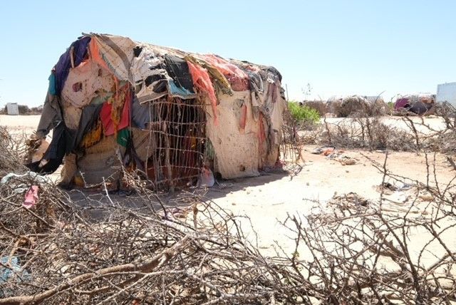 Une habitation dans un&nbsp;camp de réfugiés climatiques à Ainabo&nbsp;au Somaliland. (NATHANAEL CHARBONNIER / RADIO FRANCE)