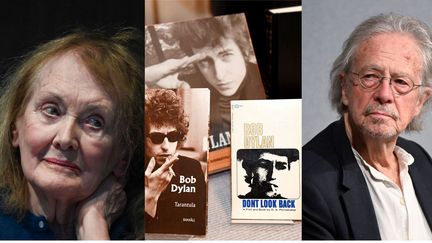 Annie Ernaux prix Nobel en 2022, Bob Dylan (2016), Peter Handke (2019) (ALAIN JOCARD/ JONATHAN NACKSTRAND / BERND WEISSBROD / DPA / DPA PICTURE-ALLIANCE VIA AFP)