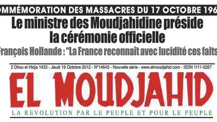 La une du «El Moudjahid», le 18 octobre 2012. (DR)