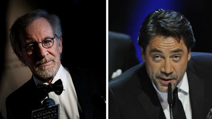 Steven Spielberg le 19 novembre 2013 à Washington, aux Archives nationales ; Javier Bardem le 18 février 2013 à Madrid, à la cérémonie des Goya
 (Brendan Smialowsli / Eduardo Dieguez / AFP)