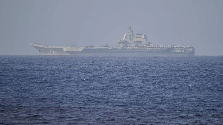 The Chinese aircraft carrier Shandong, April 5, 2023, in Pacific waters.  (JAPAN'S MINISTRY OF DEFENSE / AFP)