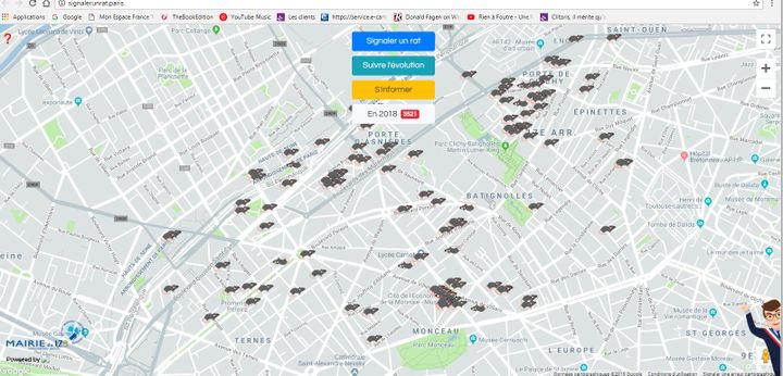 La carte des signalements de rats dans Paris extraite de l'applaication signalerunrat (Mairie du 17e)