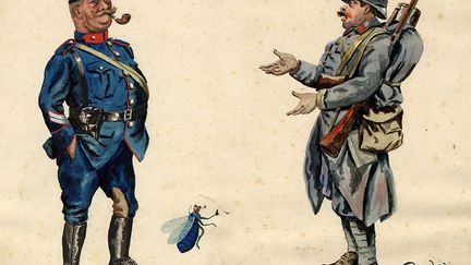 A gauche, un gradé de l'armée française bedonnant et assez sûr de lui (JM lui associe un gros insecte bleu... qui fume aussi la pipe !). A droite, un Poilu engoncé dans sa capote, chargé de son paquetage et de son fusil, et qui parle avec les mains (Montage de deux dessins). (JM&#039;s WWI Sketchbooks, 1917-1918 - University of Victoria Libraries’ Special Collections, World War I Sketchbooks, SC325, Acc. No.: 1997-012)