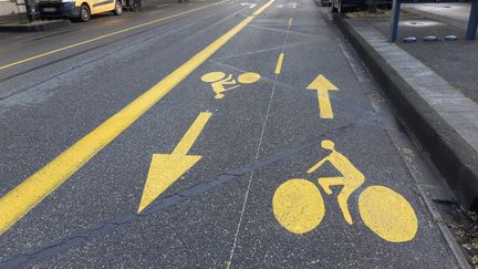 Une piste cyclable temporaire à Valence (Drôme), le 11 mai 2020.&nbsp; (NATHALIE RODRIGUES / FRANCE-BLEU DRÔME-ARDÈCHE)