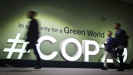 Des participants passent devant le logo de la COP29, à Bakou (Azerbaïdjan), le 11 novembre 2024. (ALEXANDER NEMENOV / AFP)