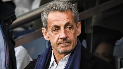 L'ancien président Nicolas Sarkozy, lors du match de football de Ligue 1, au stade du Parc des Princes à Paris, le 13 mai 2023. (MATTHIEU MIRVILLE / MATTHIEU MIRVILLE / AFP)