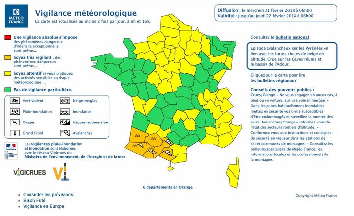 Six départements sont en vigilance orange pour des risques d'avalanches,&nbsp;de crue ou d'inondation, mercredi 21 février.&nbsp; (METEO FRANCE)