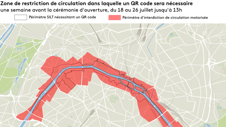 La carte des restrictions de circulation à Paris du 18 au 26 juillet 2024, en raison des Jeux Olympiques, jusqu'à la cérémonie d'ouverture.  (LÉA PRATI/FRANCEINFO)