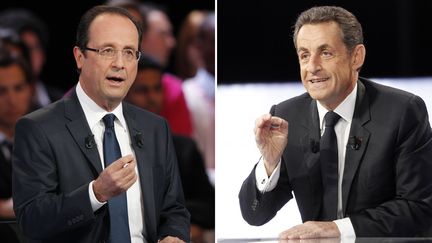 Fran&ccedil;ois Hollande et Nicolas Sarkozy, respectivement le 11 avril 2012 et le 12 avril 2012, lors de l'&eacute;mission politique "Des paroles et des actes", sur France 2. (THOMAS SAMSON / AFP)