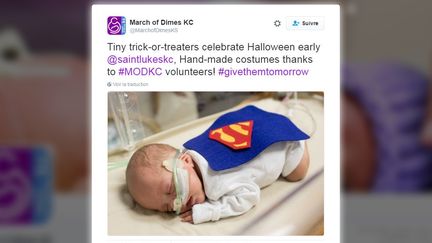 Un prémature hospitalisé dans un hôpital de Kansas City (Etats-Unis) et déguisé en Superman à l'occasion de Halloween 2016. (MARCH OF DIMES KC / TWITTER)