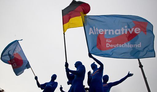 A Berlin, des militants de l'AfD, déguisés, brandissent des drapeaux de l'Allemagne et de leur formation politique e 23 mai 2014, pendant la campagne électorale pour les élections régionales de Saxe. (Reuters - Thomas Peter)