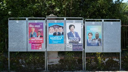 Illustrations de panneaux d'affichage pour les élections législatives à Montaigu-Vendee le 23 juin 2024. (MATHIEU THOMASSET / HANS LUCAS)