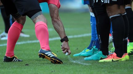 L'arbitre du match Allemagne-Slovaquie (3-0) traçant une ligne avant un coup franc, le 26 juin à&nbsp;Villeneuve-d'Ascq (Nord). (KENZO TRIBOUILLARD / AFP)