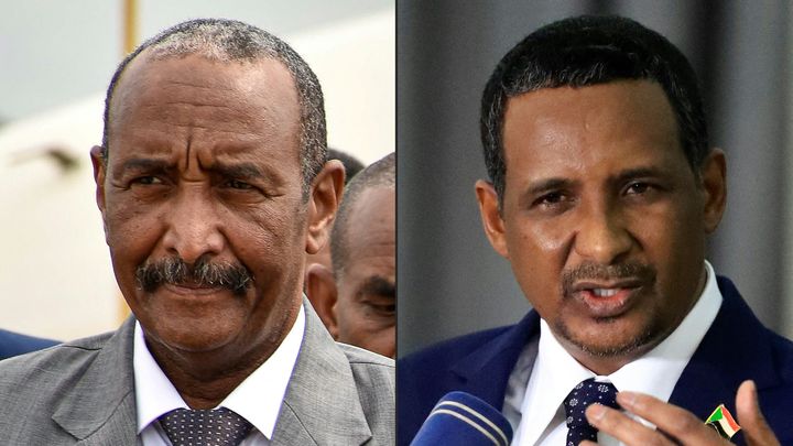 Le général Abdel Fattah al-Burhane (à gauche), et le leader des Forces de soutien rapide Mohamed Hamdane Daglo, respectivement le 14 octobre 2019 à Juba (Soudan du Sud) et le 2 mars 2022 à Khartoum (Soudan). (AKUOT CHOL, ASHRAF SHAZLY / AFP)