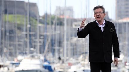 Jean-Luc Mélenchon lors de son meeting de campagne sur le Vieux-Port de Marseille, le 9 avril 2017. (ANNE-CHRISTINE POUJOULAT / AFP)