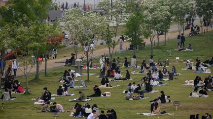 Des personnes profitent de la pelouse d'un parc de Séoul, la capitale sud-coréenne, le 10 mai 2020. (ED JONES / AFP)