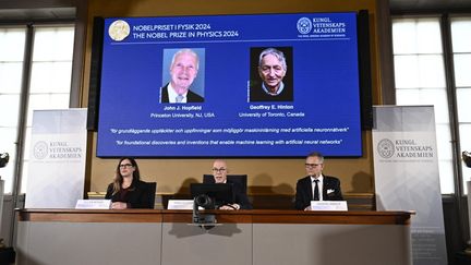 The Nobel Prize in Physics was awarded to the American John Hopfield and the British-Canadian Geoffrey Hinton on October 8, 2024, in Stockholm (Sweden). (CHRISTINE OLSSON / TT NEWS AGENCY / AFP)