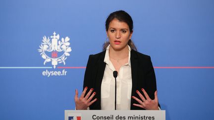 La&nbsp;secrétaire d'État chargée de l'Égalité entre les femmes et les hommes, Marlène Schiappa, lors d'une conférence de presse à l'Elysée, le 21 mars 2018. (LUDOVIC MARIN / AFP)