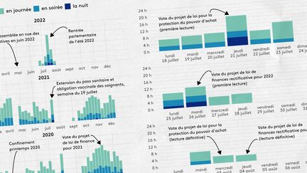 Franceinfo a passé en revue les comptes rendus des séances de l'Assemblée nationale afin de comparer leurs durées depuis juin 2017. (ELLEN LOZON / FRANCEINFO)