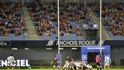 Des joueurs de rugby s'affrontent devant un public composé de découpes de carton de supporters lors du match de rugby de pro D2 entre Perpignan et Carcassonne à Perpignan, le 12 février 2021. (RAYMOND ROIG / AFP)