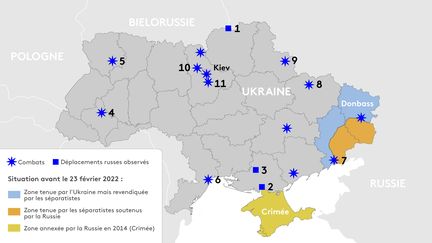 Carte de plusieurs affrontements observés grâce à des images amateurs lors de l'offensive russe du 24 février 2022 (JESSICA KOMGUEN / FRANCEINFO)