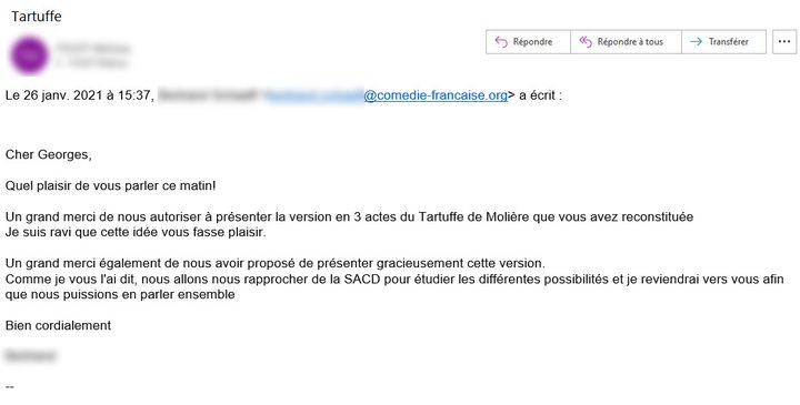 Mail du directeur de la production de la Comédie Française à Georges Forestier, le 26 janvier 2021. (DR)